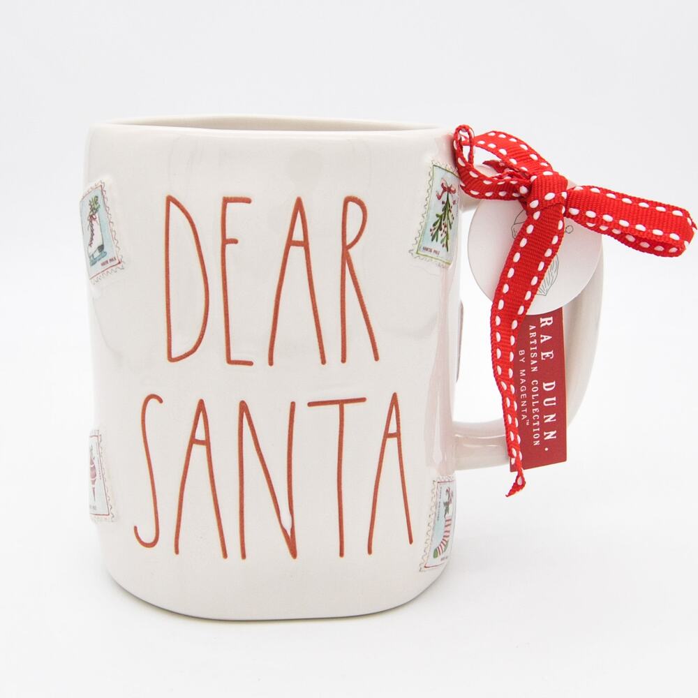Rae Dunn Christmas Mug, Dear Santa Mug with Stamps, Double-Sided Coffee Cup